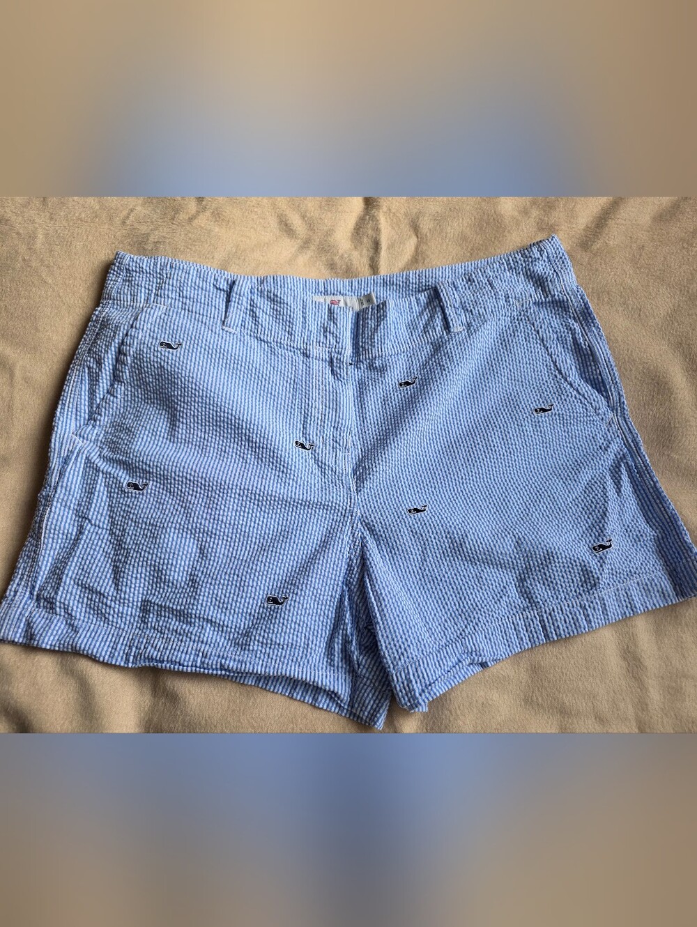 Vineyard Vines Women's Blue Seersucker Whale Embroidered Shorts